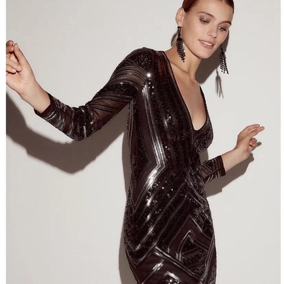Express Black and Silver Sequin Long Sleeve Dress - Picture 4 of 6